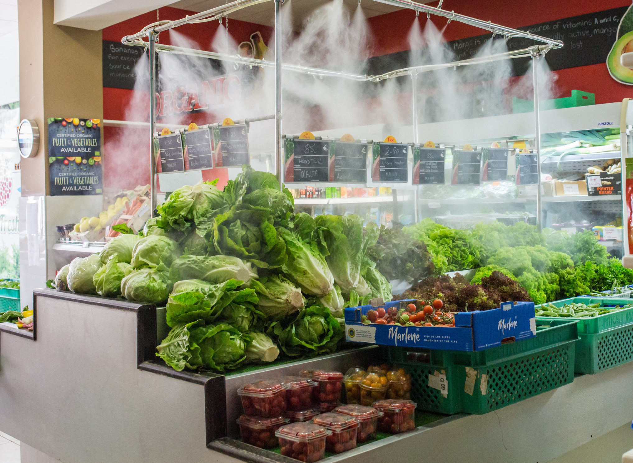 Fresh produce displays inside the Big Fresh shop in Mosta
